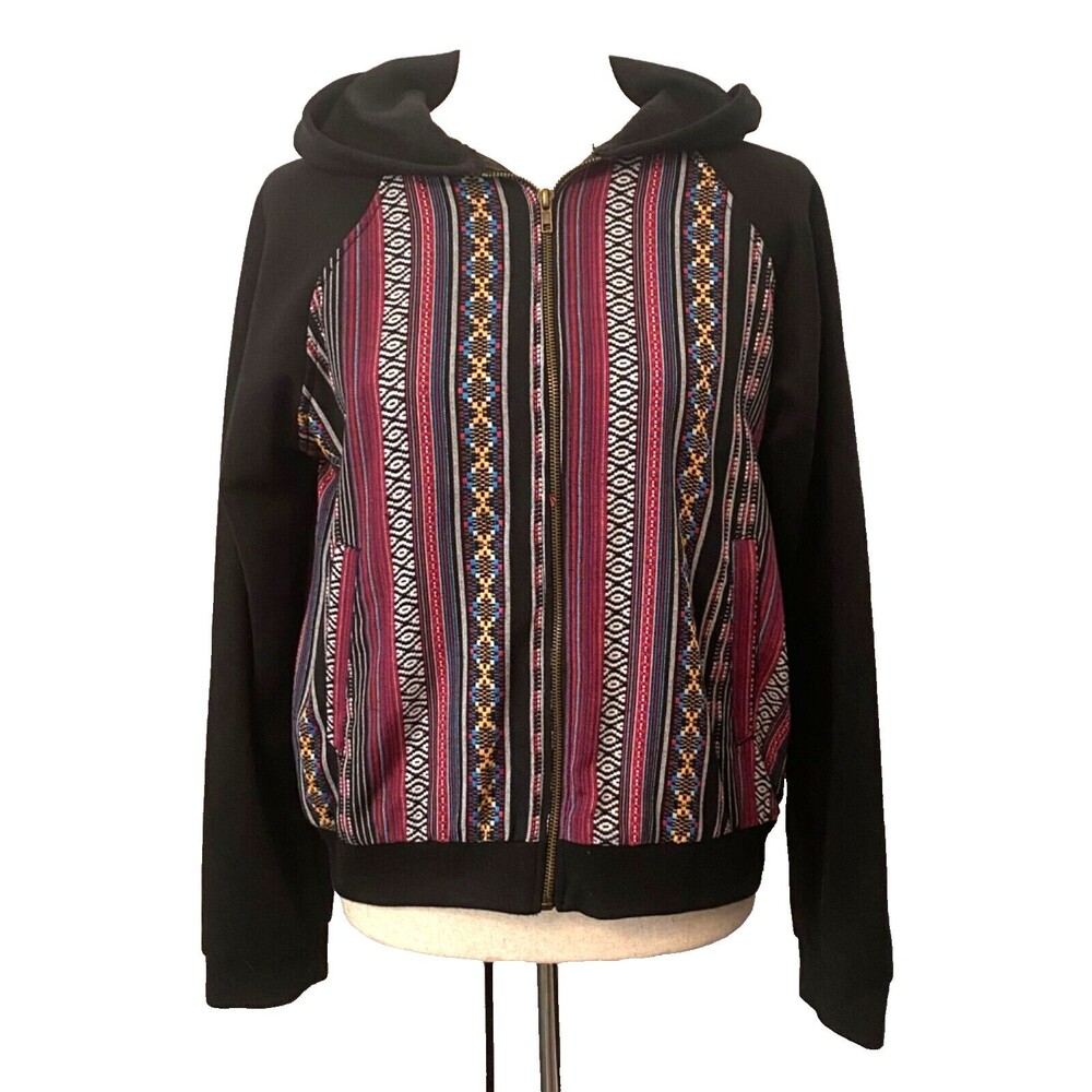 Women's Black and Multicolor Patterned Hoodie